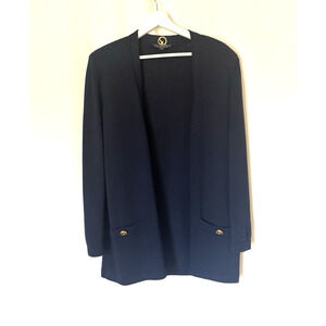 St. John Blazer Skirt Set Medium Gold Buttons Long Skirt Santana Wool Blue